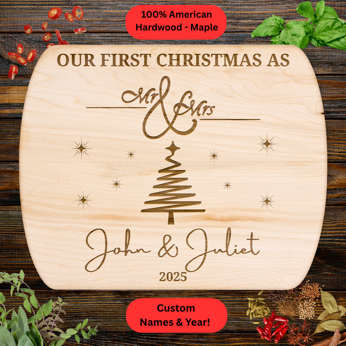 Personalized Christmas Cutting Board. Custom Names and Year. Newlywed Christmas Gift. Walnut or Maple Wood