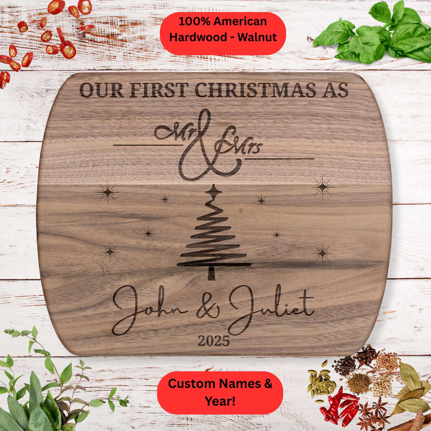 Personalized Christmas Cutting Board. Custom Names and Year. Newlywed Christmas Gift. Walnut or Maple Wood