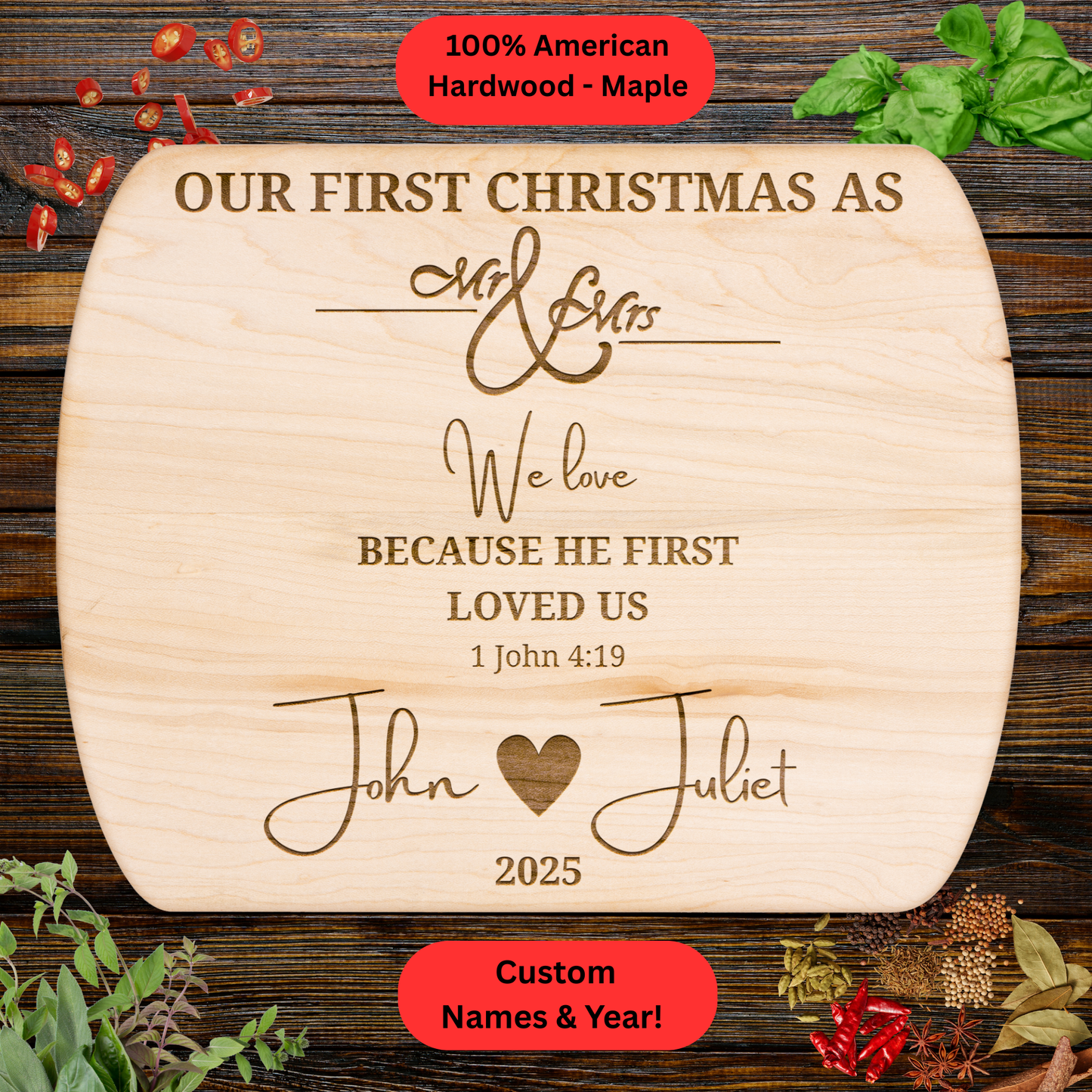Personalized Custom Names and Year. Bible Verse. Christian Newlywed Gift. Christmas Gift. Walnut or Maple