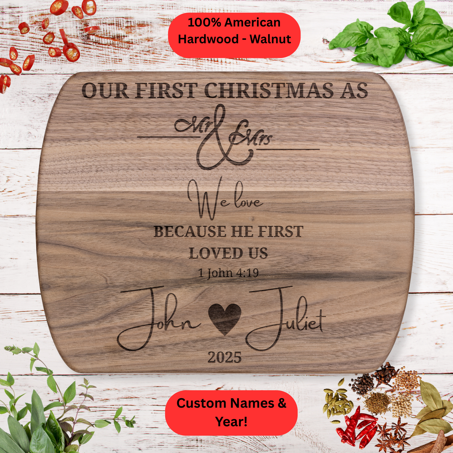 Personalized Custom Names and Year. Bible Verse. Christian Newlywed Gift. Christmas Gift. Walnut or Maple
