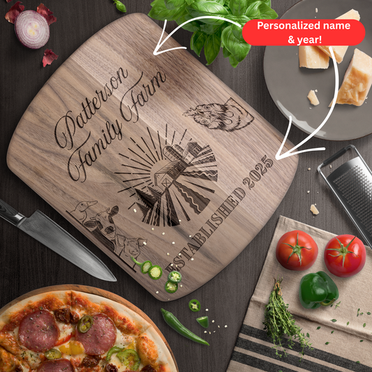 Personalized Farmhouse Cutting Board. Custom Family Name and Year with Farmhouse and Animal Design