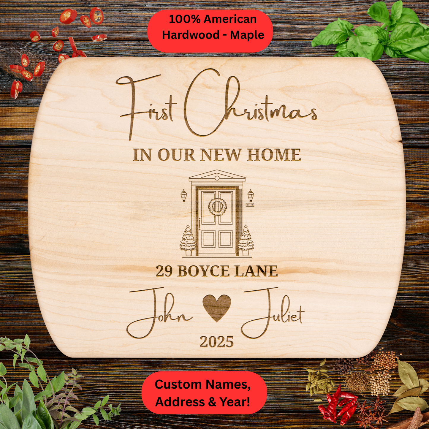 Personalized First Christmas Cutting Board. Custom Address, Names and Year. Housewarming Christmas Gift. Walnut or Maple