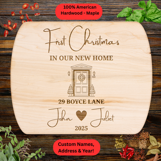 Personalized First Christmas Cutting Board. Custom Address, Names and Year. Housewarming Christmas Gift. Walnut or Maple