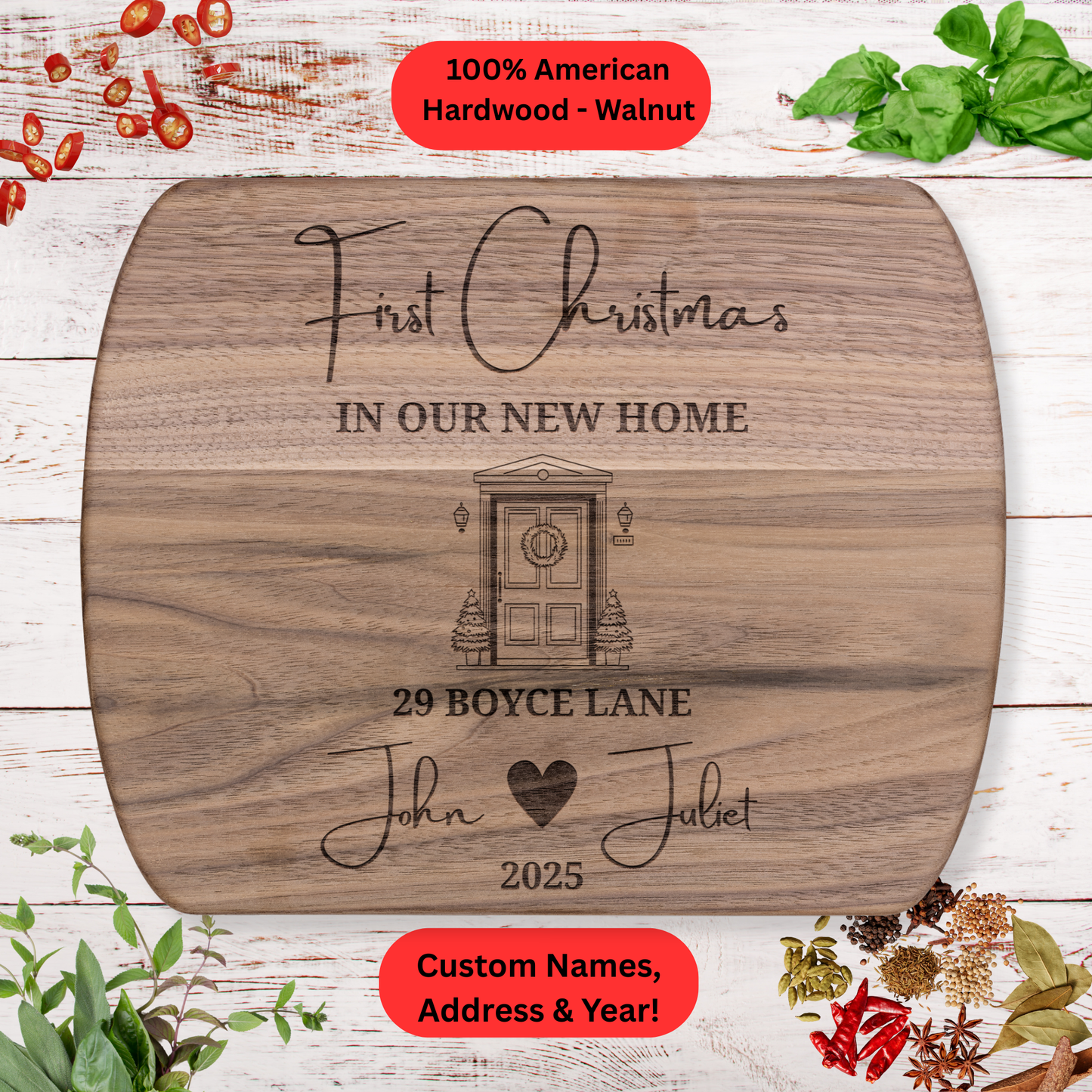 Personalized First Christmas Cutting Board. Custom Address, Names and Year. Housewarming Christmas Gift. Walnut or Maple