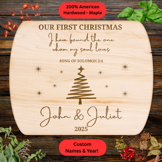 Personalized Christmas Cutting Board. Bible verse. Custom Names and Year. Walnut or Maple. Christmas Gift for Couples