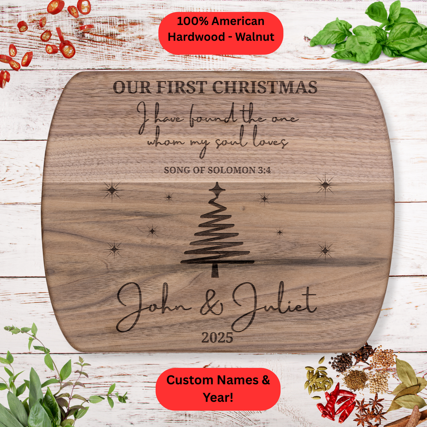 Personalized Christmas Cutting Board. Bible verse. Custom Names and Year. Walnut or Maple. Christmas Gift for Couples