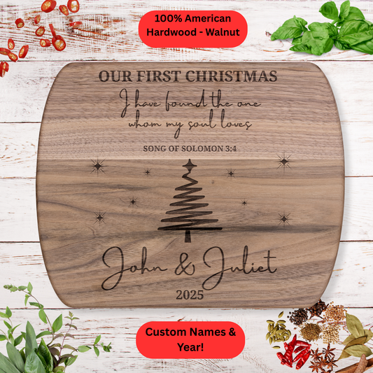 Personalized Christmas Cutting Board. Bible verse. Custom Names and Year. Walnut or Maple. Christmas Gift for Couples