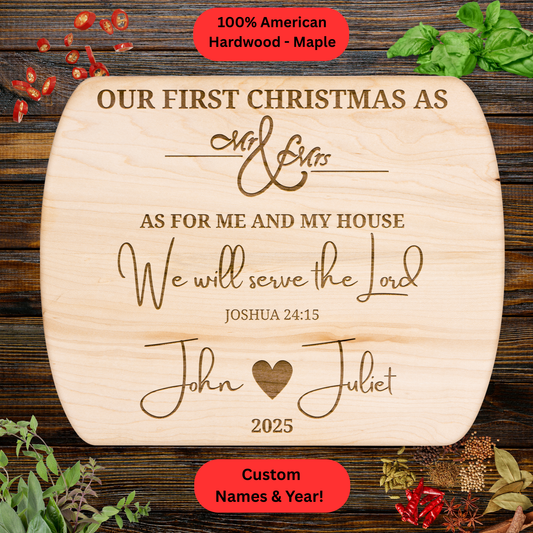 Personalized Christmas Cutting Board. Bible verse. Custom Names and Year.  Walnut or Maple. Christian Wedding or Christmas Gift