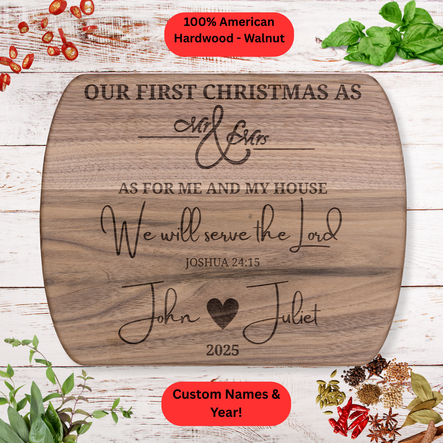Personalized Christmas Cutting Board. Bible verse. Custom Names and Year.  Walnut or Maple. Christian Wedding or Christmas Gift