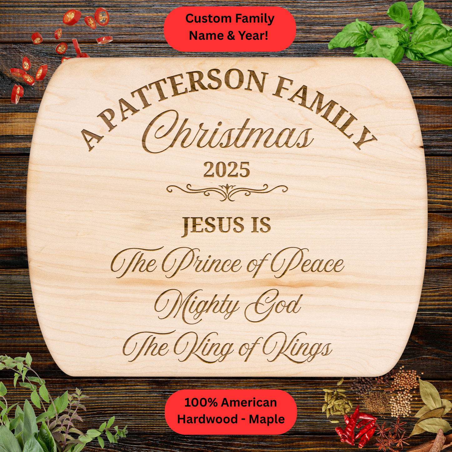 Personalized  Family Christmas Cutting Board. Custom Name and Year. Christian Christmas Gift. Walnut or Maple.