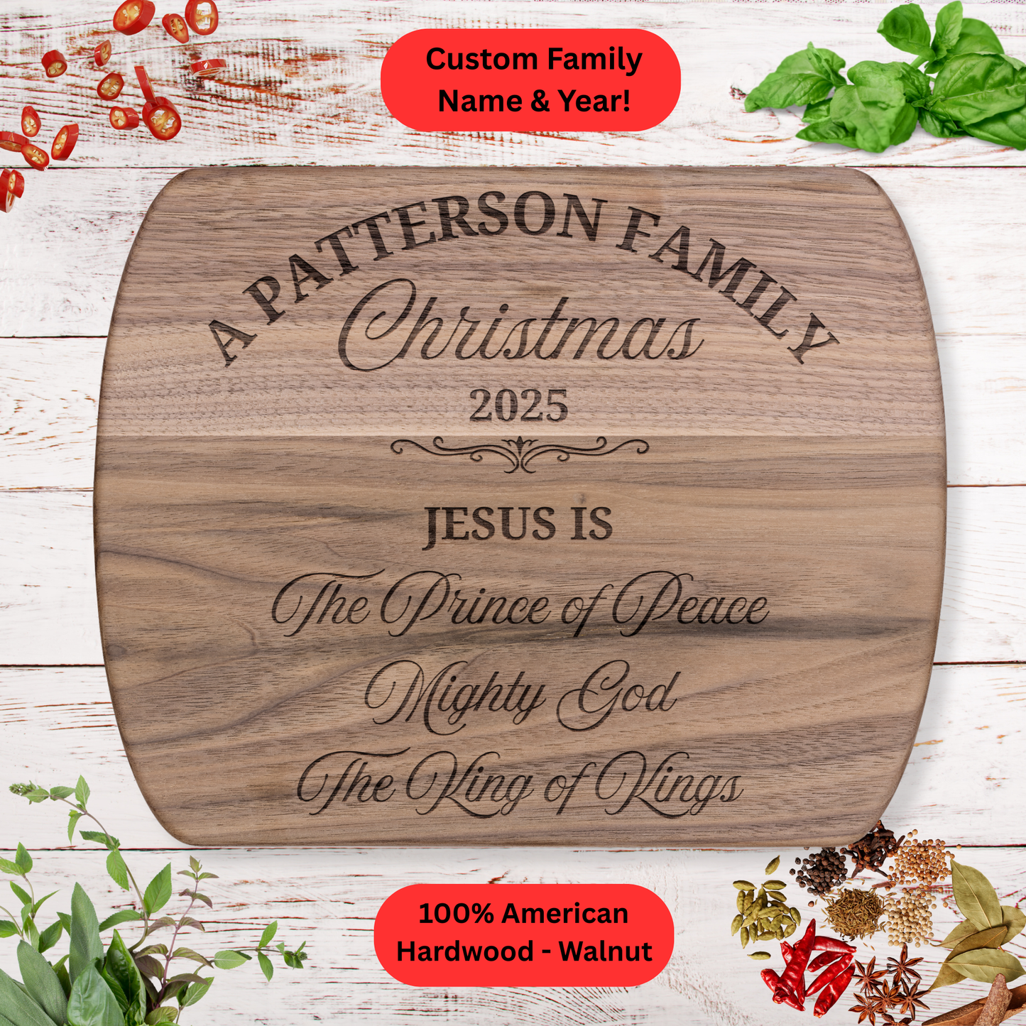 Personalized  Family Christmas Cutting Board. Custom Name and Year. Christian Christmas Gift. Walnut or Maple.