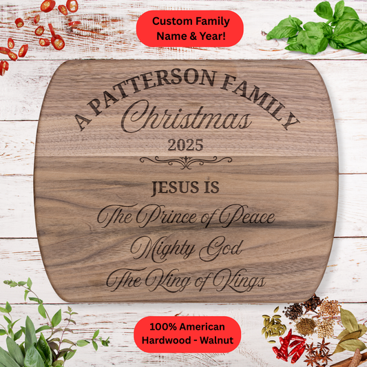 Personalized  Family Christmas Cutting Board. Custom Name and Year. Christian Christmas Gift. Walnut or Maple.