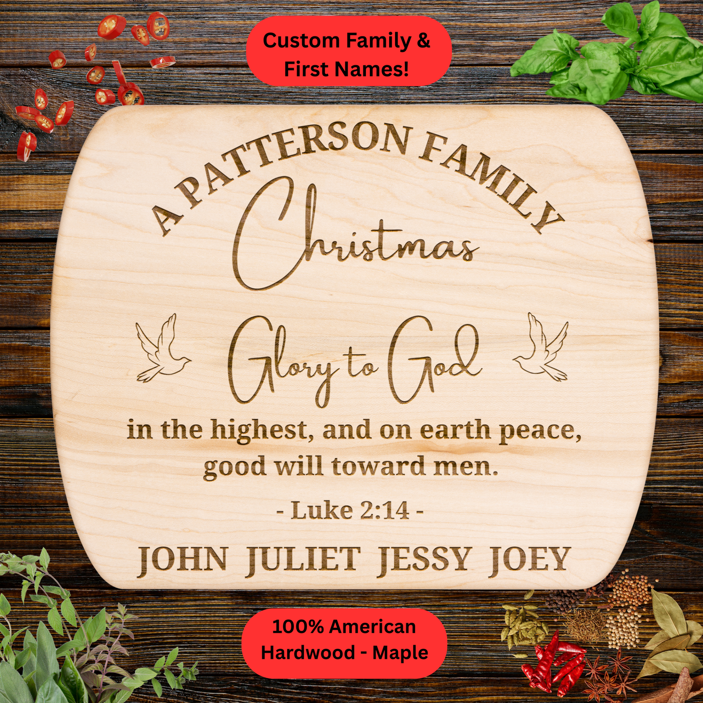 Personalized Family Christmas Cutting Board. Bible verse. Custom Family Name and First Names. Walnut or Maple. Christian Christmas Gift.