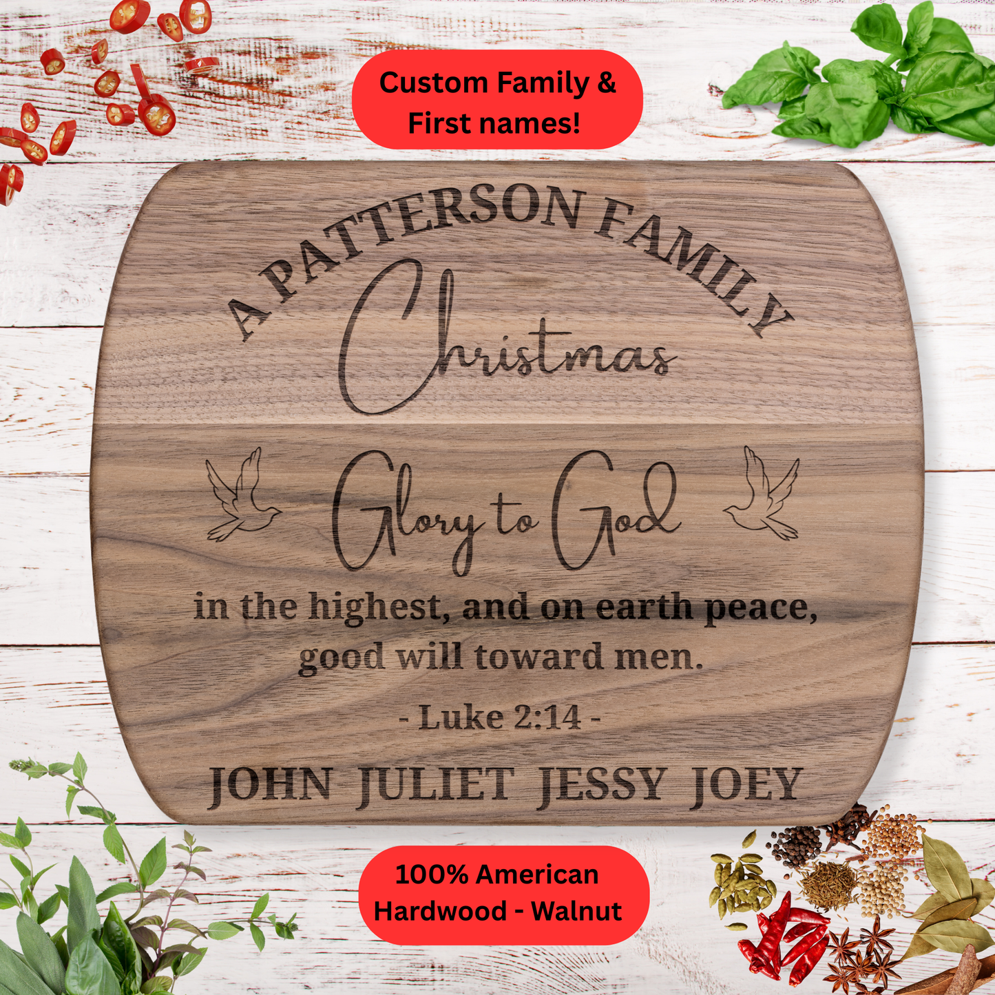 Personalized Family Christmas Cutting Board. Bible verse. Custom Family Name and First Names. Walnut or Maple. Christian Christmas Gift.
