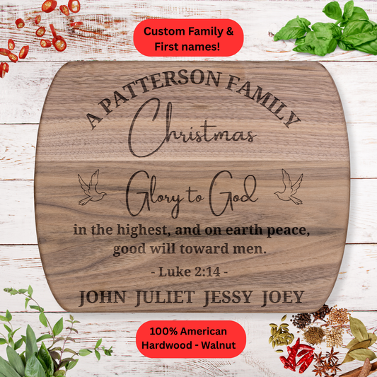 Personalized Family Christmas Cutting Board. Bible verse. Custom Family Name and First Names. Walnut or Maple. Christian Christmas Gift.