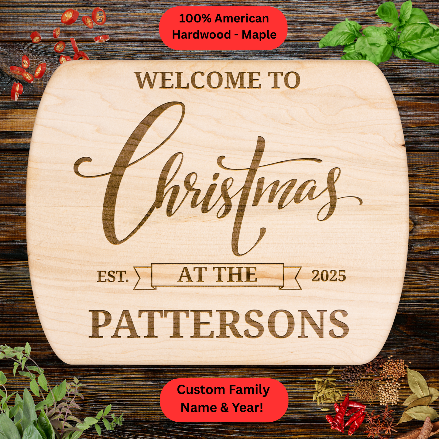 Personalized Christmas Family Cutting Board. Custom Family Name and Year. Holiday Gift for Families, New Homes and Hosts