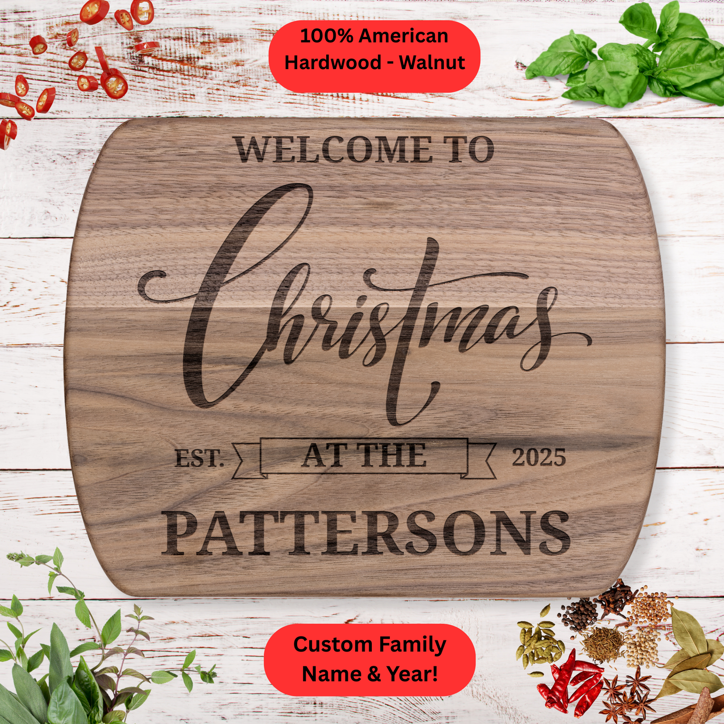 Personalized Christmas Family Cutting Board. Custom Family Name and Year. Holiday Gift for Families, New Homes and Hosts