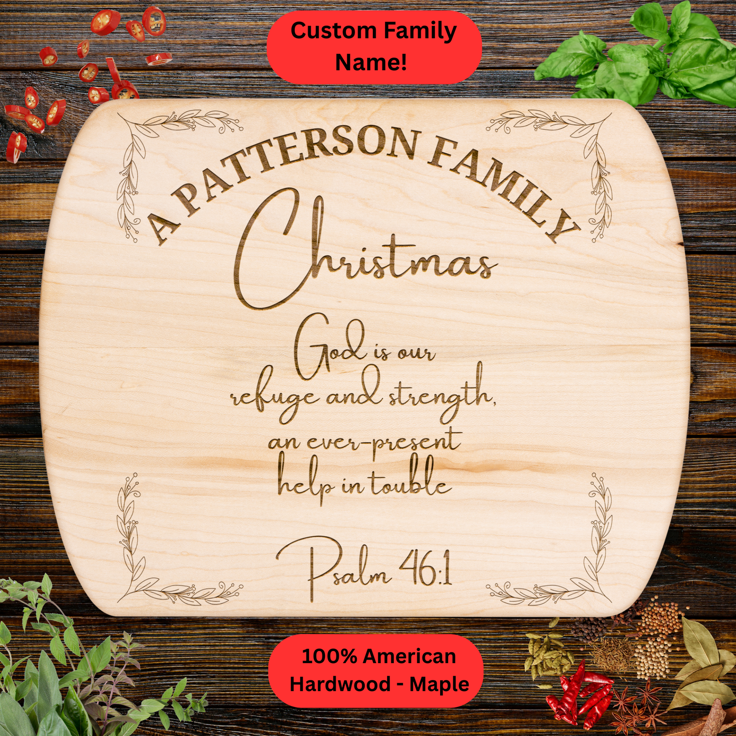 Personalized Family Christmas Cutting Board. Custom Family Name with scripture. Walnut or Maple