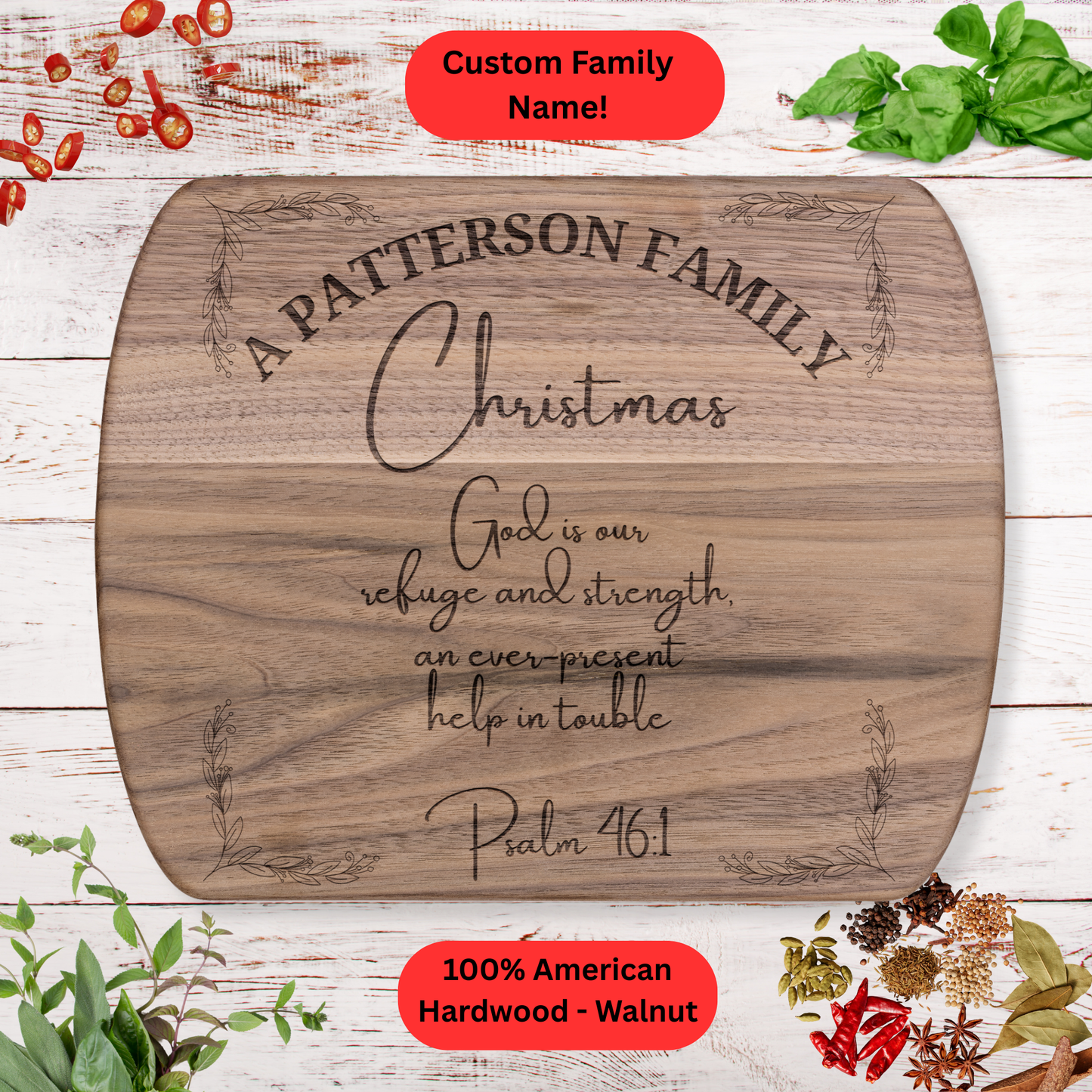 Personalized Family Christmas Cutting Board. Custom Family Name with scripture. Walnut or Maple