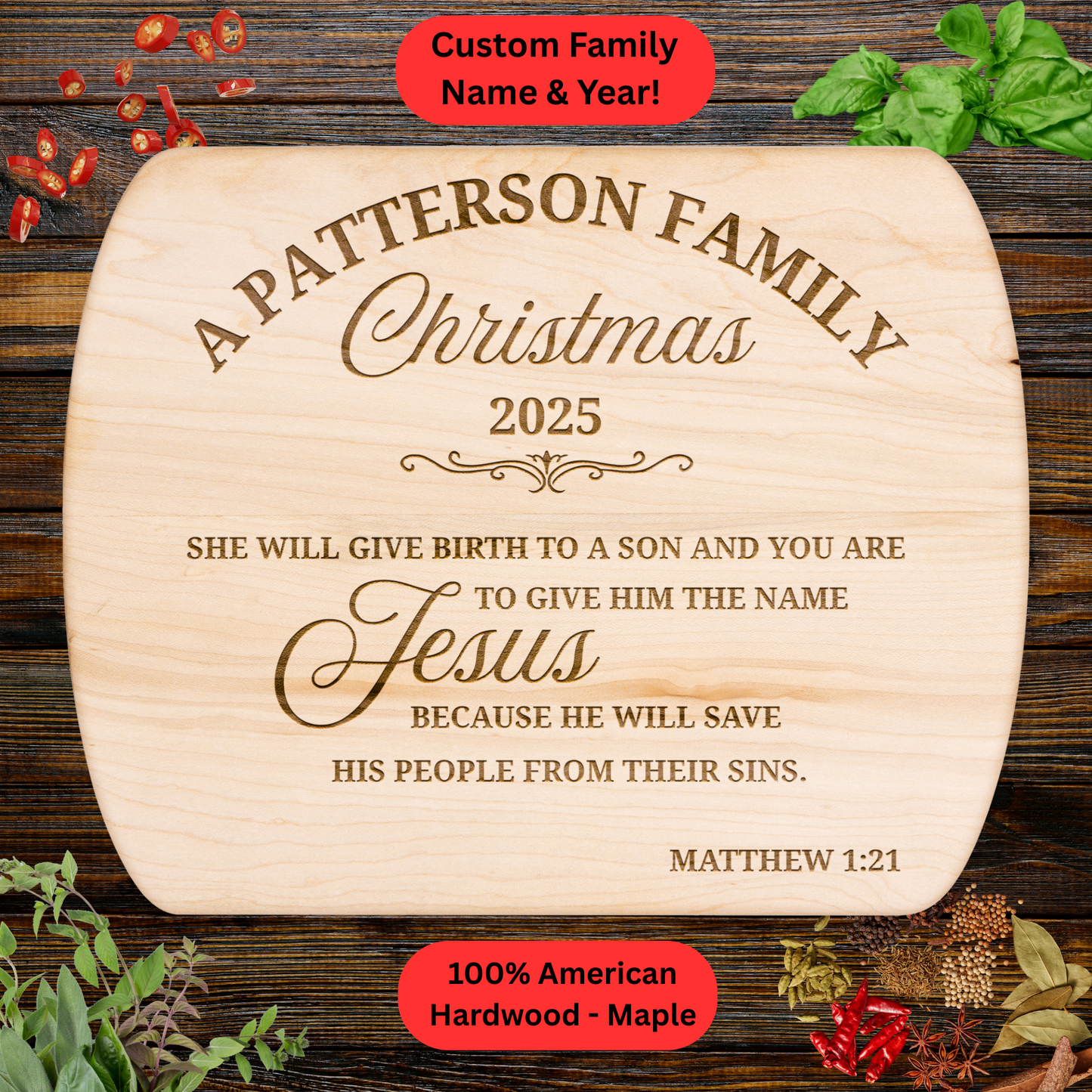 Personalized Family Christmas Cutting Board. Custom Family Name and Year. Scripture Gift. Walnut or Maple