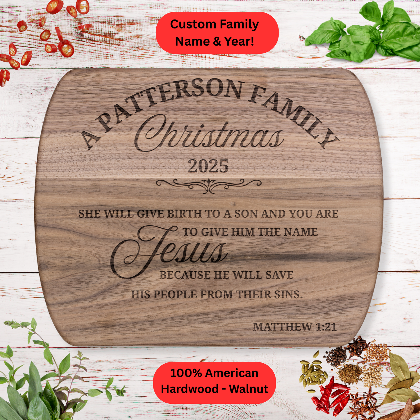 Personalized Family Christmas Cutting Board. Custom Family Name and Year. Scripture Gift. Walnut or Maple