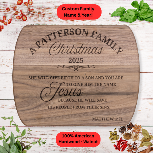 Personalized Family Christmas Cutting Board. Custom Family Name and Year. Scripture Gift. Walnut or Maple