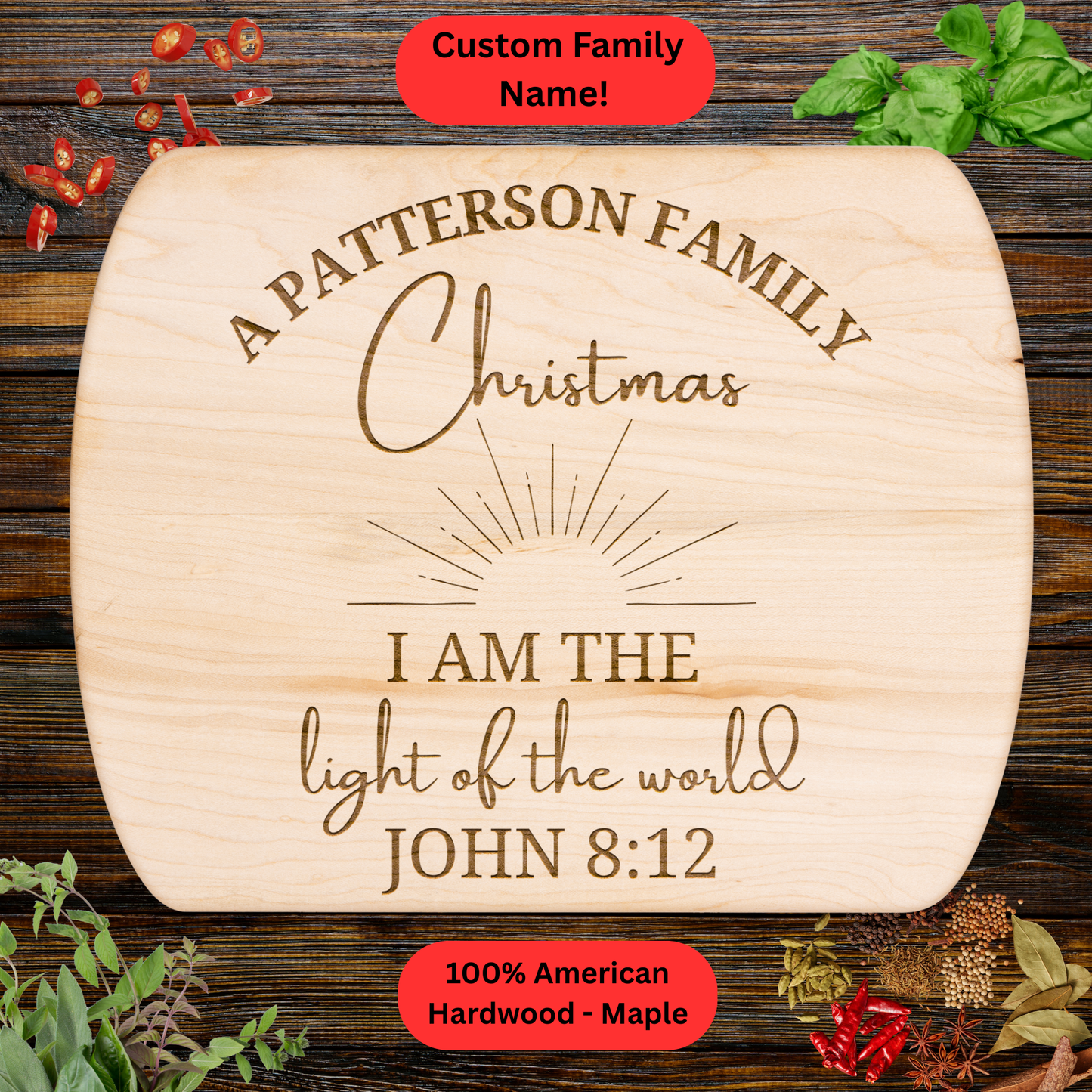 Personalized Family Christmas Cutting Board with scrupture. Custom Family Name. Family Christmas Gift. Walnut or Maple