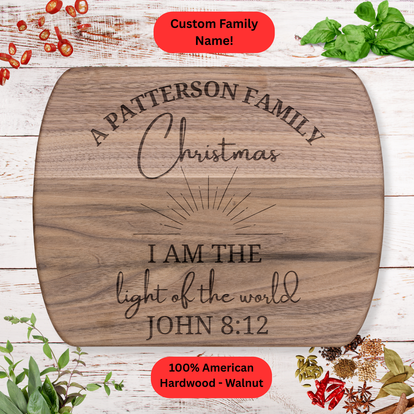 Personalized Family Christmas Cutting Board with scrupture. Custom Family Name. Family Christmas Gift. Walnut or Maple