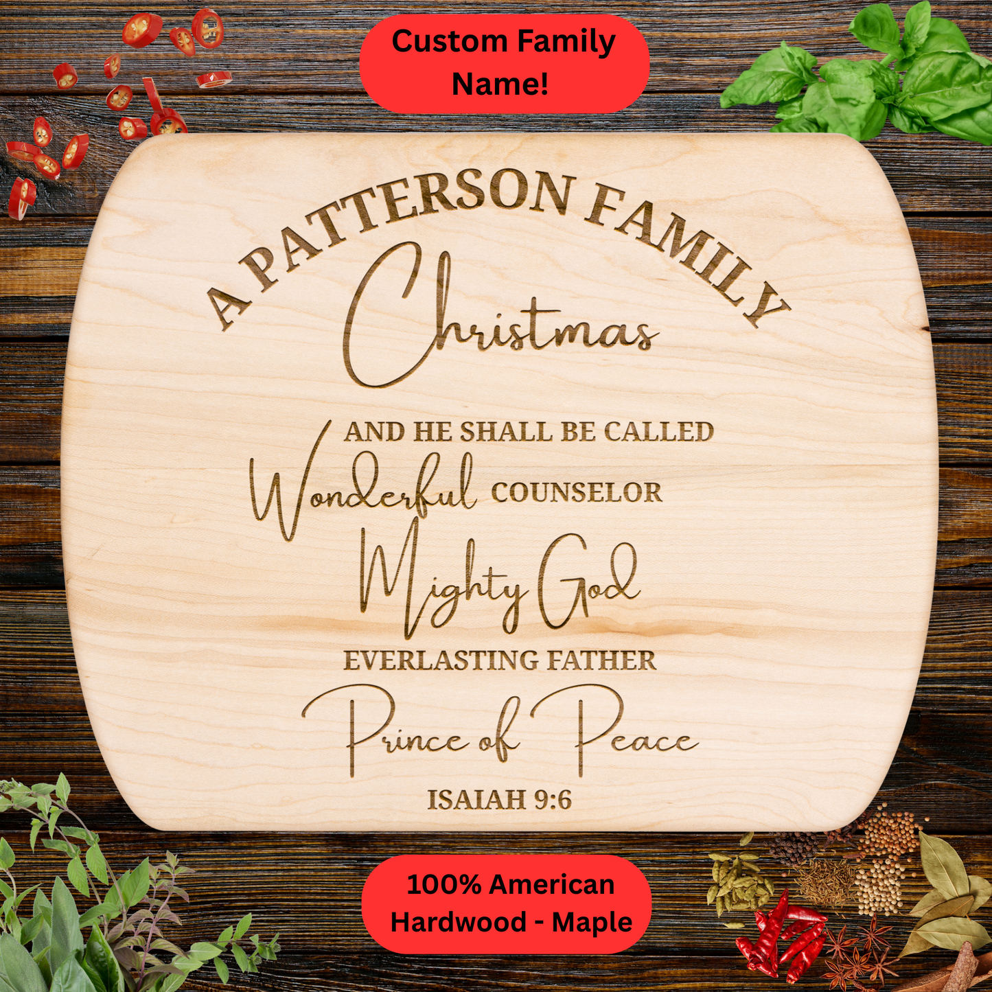 Personalized Family Christmas Cutting Board. Custom Family Name with scripture. Christmas Scripture Gift. Walnut or Maple