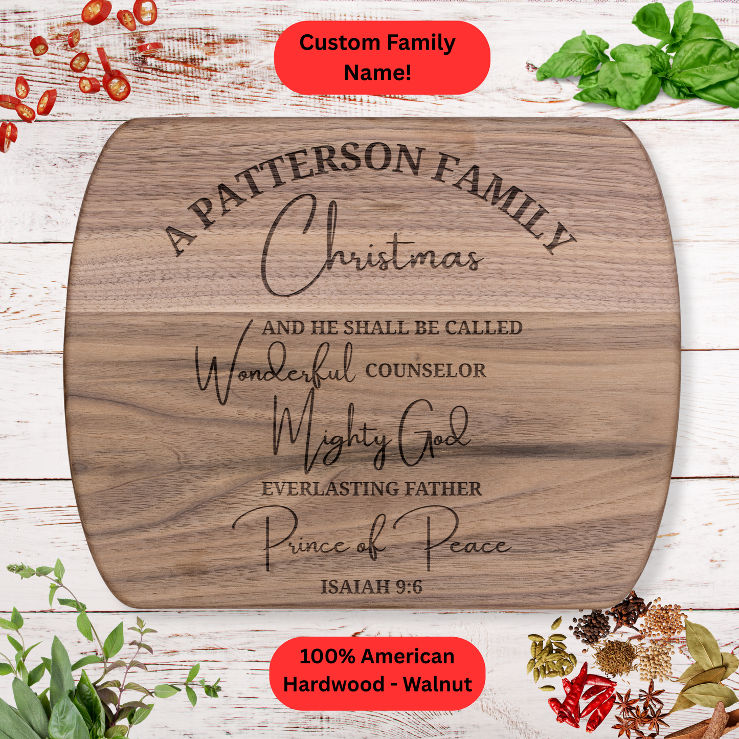 Personalized Family Christmas Cutting Board. Custom Family Name with scripture. Christmas Scripture Gift. Walnut or Maple