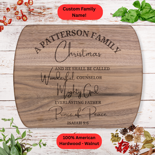 Personalized Family Christmas Cutting Board. Custom Family Name with scripture. Christmas Scripture Gift. Walnut or Maple