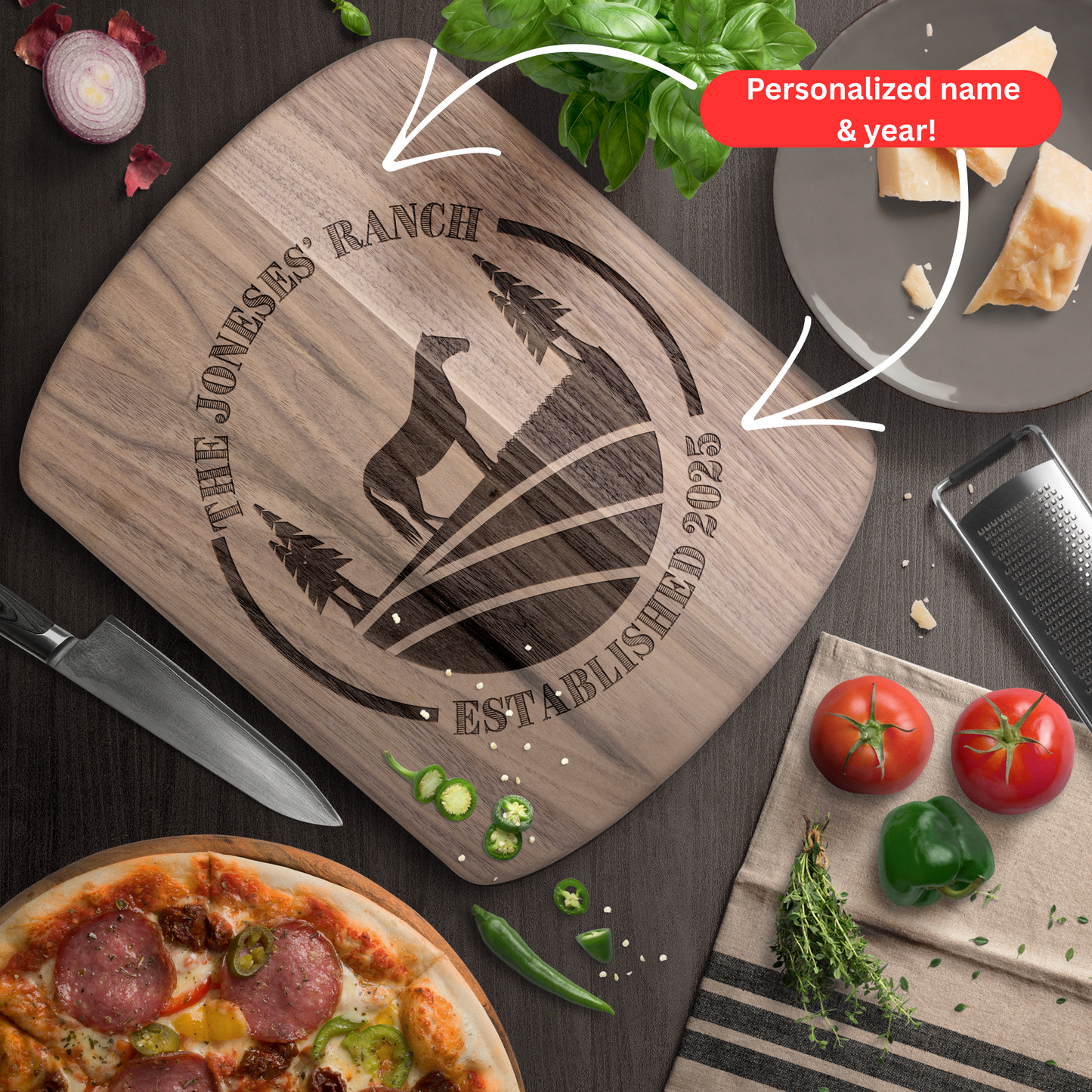 Personalized Ranch Cutting Board. Custom Family Name and Year with Horse Design