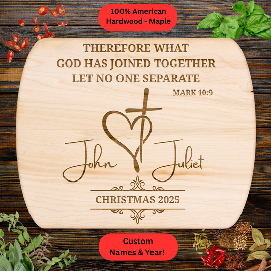 Personalized Christmas Cutting Board with Scripture. Custom Names and Year. Christmas couples gift. Walnut or Maple