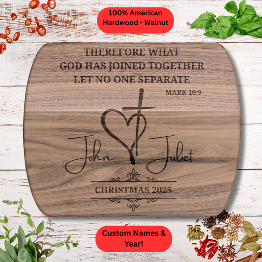 Personalized Christmas Cutting Board with Scripture. Custom Names and Year. Christmas couples gift. Walnut or Maple