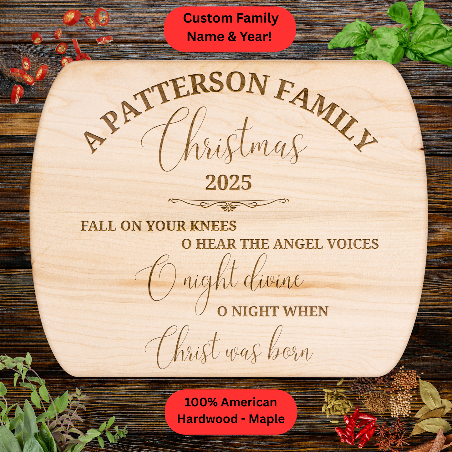 Personalized Family Christmas 2025 Cutting Board. Carol quote. Walnut or Maple