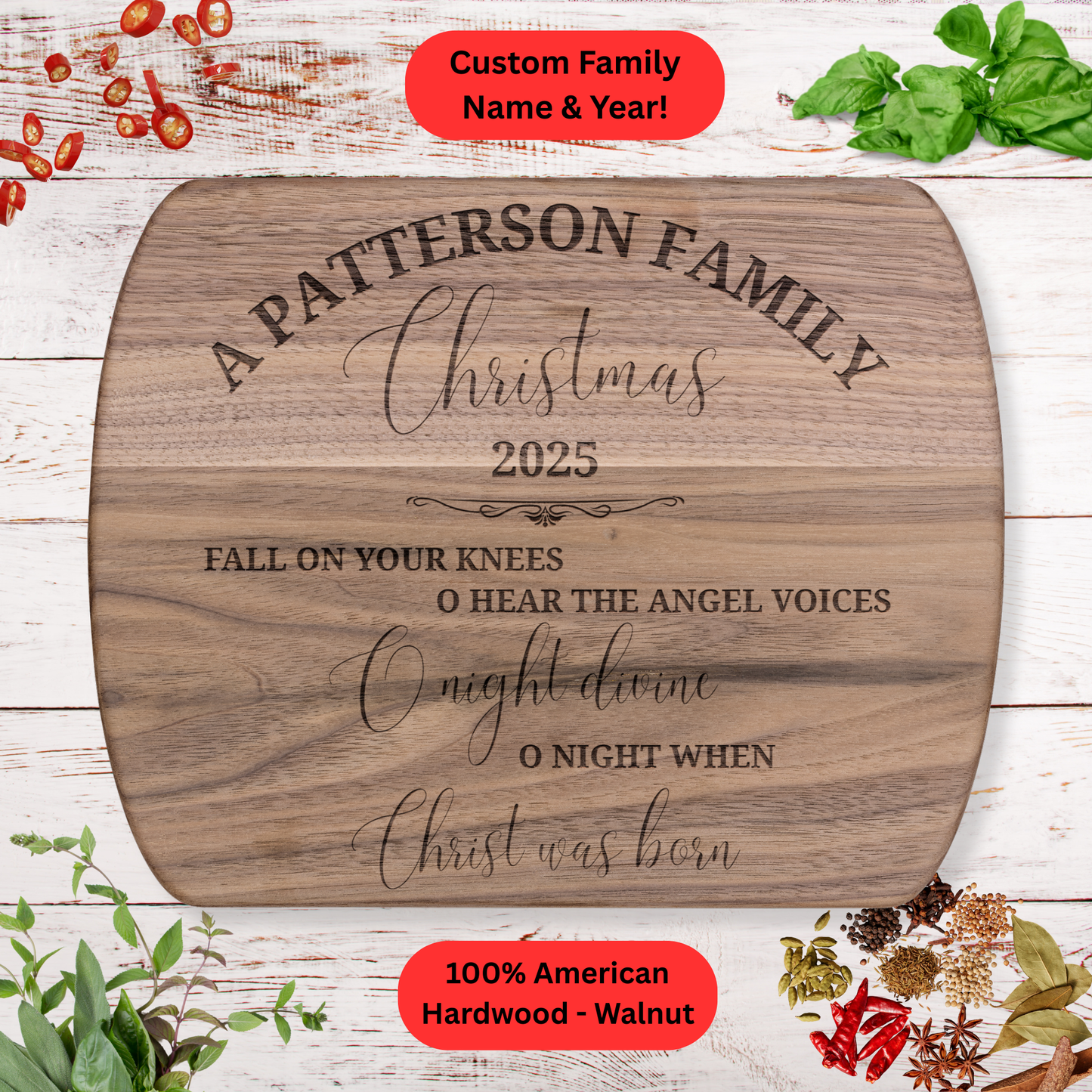 Personalized Family Christmas 2025 Cutting Board. Carol quote. Walnut or Maple