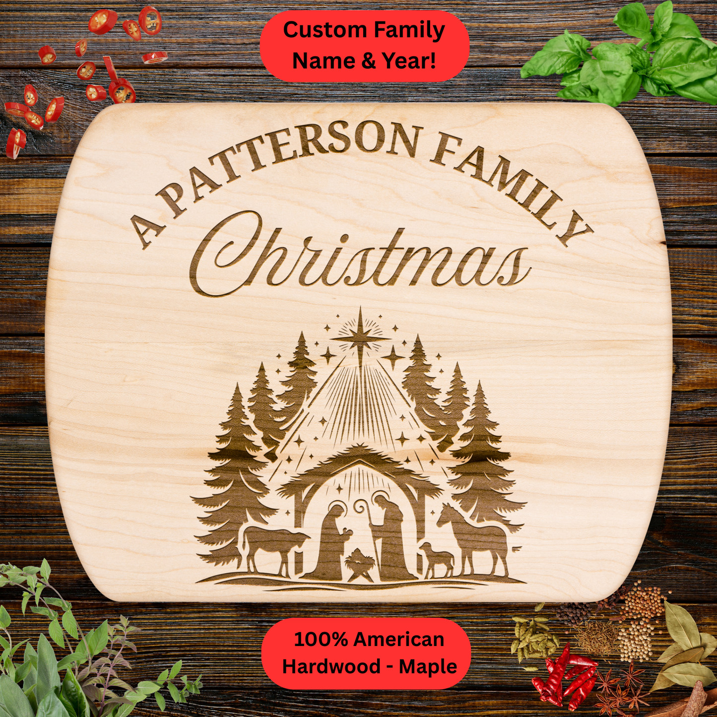 Personalized Family Christmas Nativity Cutting Board. Custom Family Name. Walnut or Maple