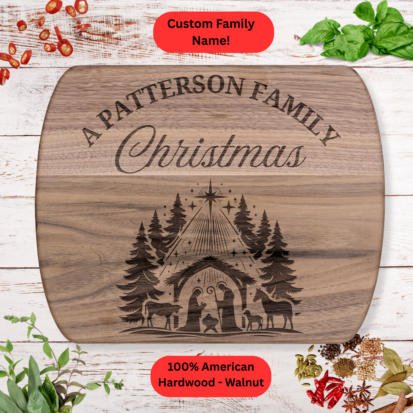 Personalized Family Christmas Nativity Cutting Board. Custom Family Name. Walnut or Maple