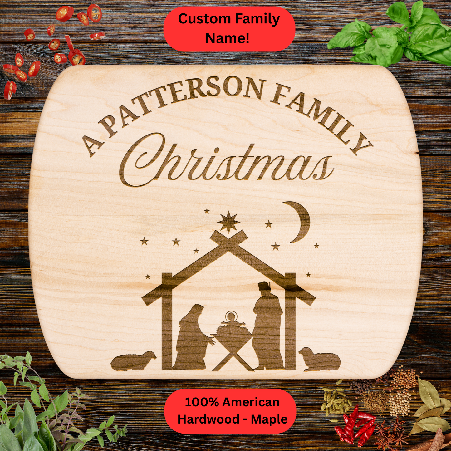 Personalized Christmas Nativity Cutting Board. Custom Family Name. Walnut or Maple