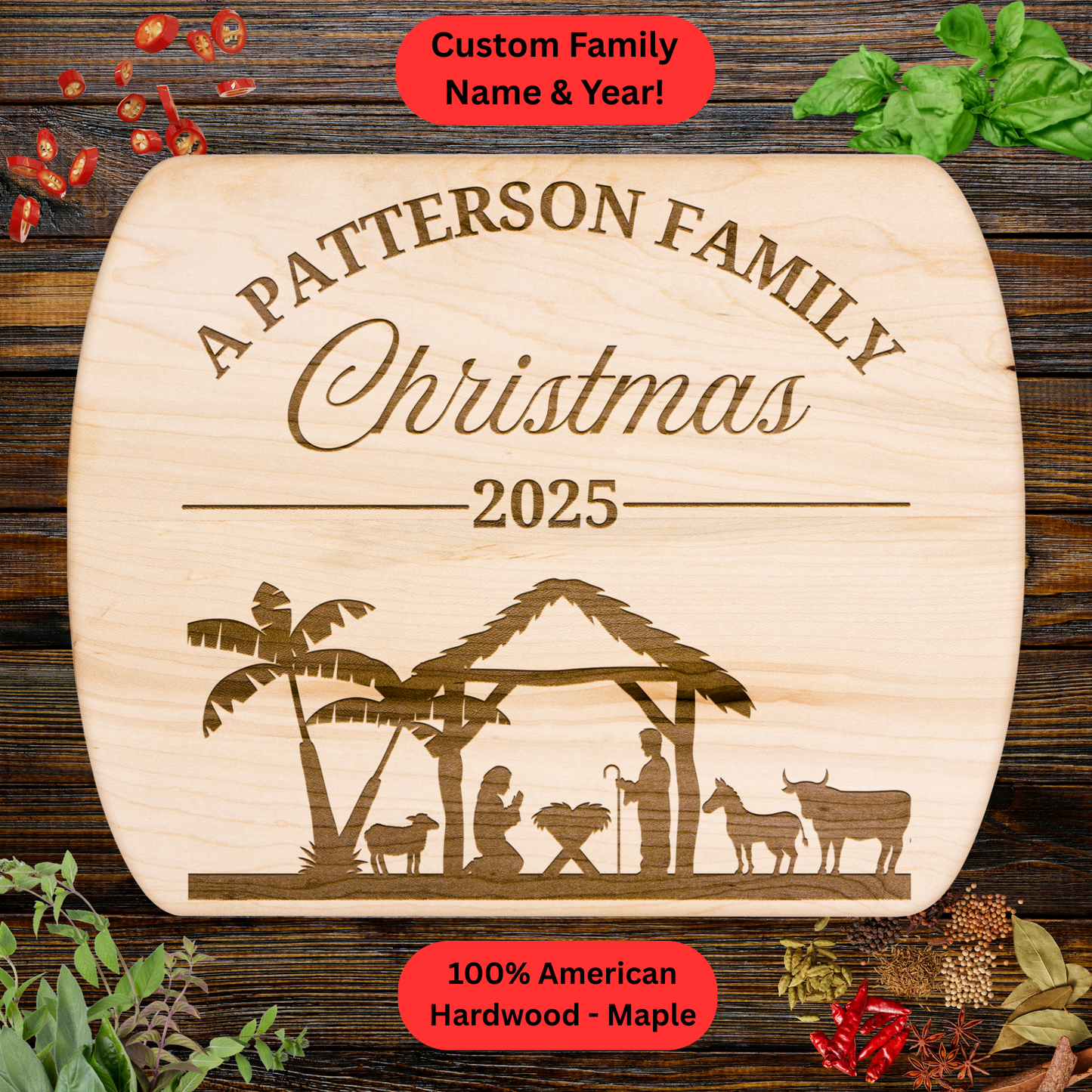 Personalized Family Christmas Cutting Board. Custom Family Name and Year. Walnut or Maple