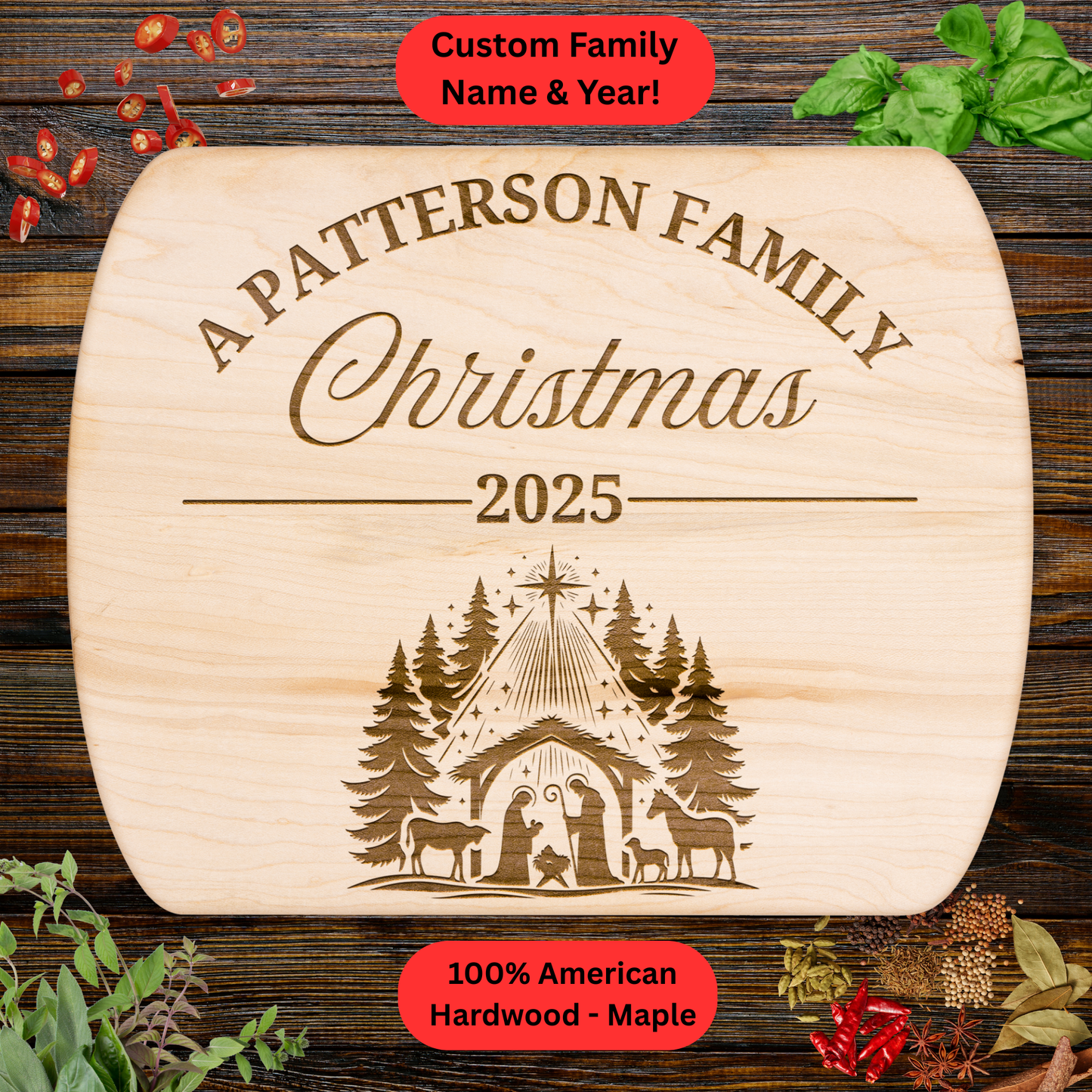 Personalized Family Christmas 2025 Cutting Board. Custom Family Name and Year. Walnut or Maple