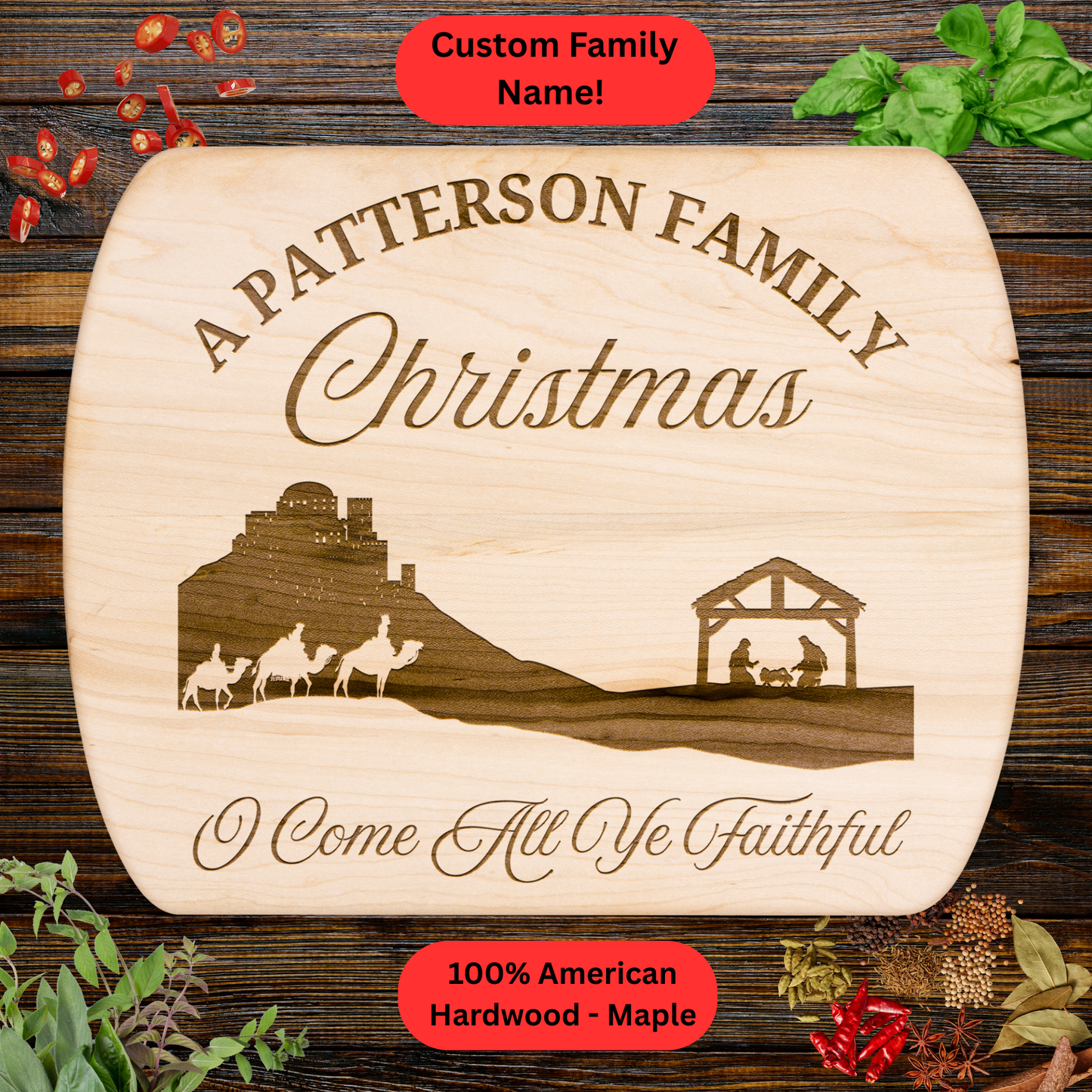 Personalized Family Christmas Cutting Board. Custom Family Name. Walnut or Maple