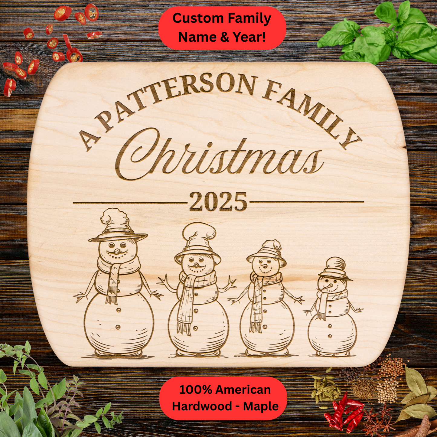 Personalized Family Christmas Cutting Board. Custom Family Name. Walnut or Maple