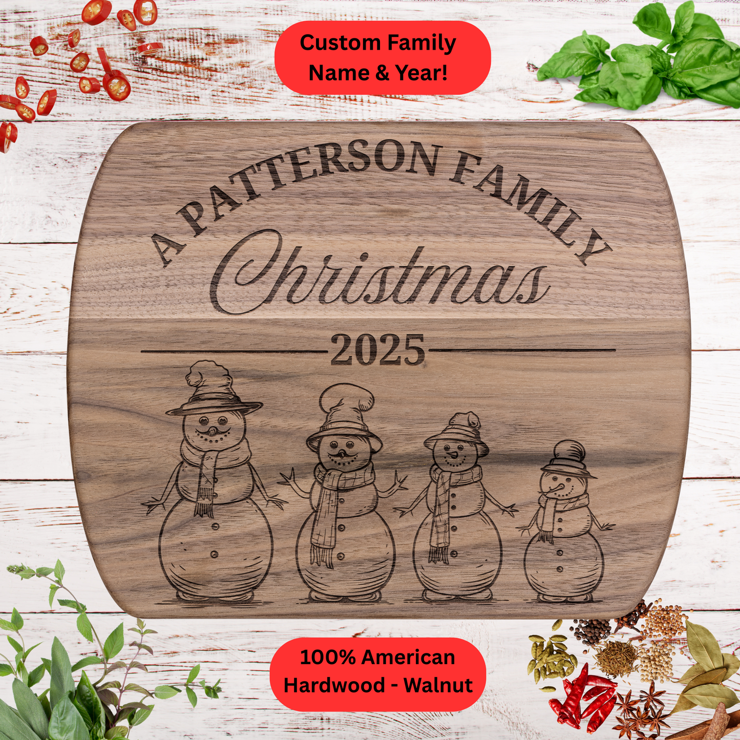 Personalized Family Christmas Cutting Board. Custom Family Name. Walnut or Maple