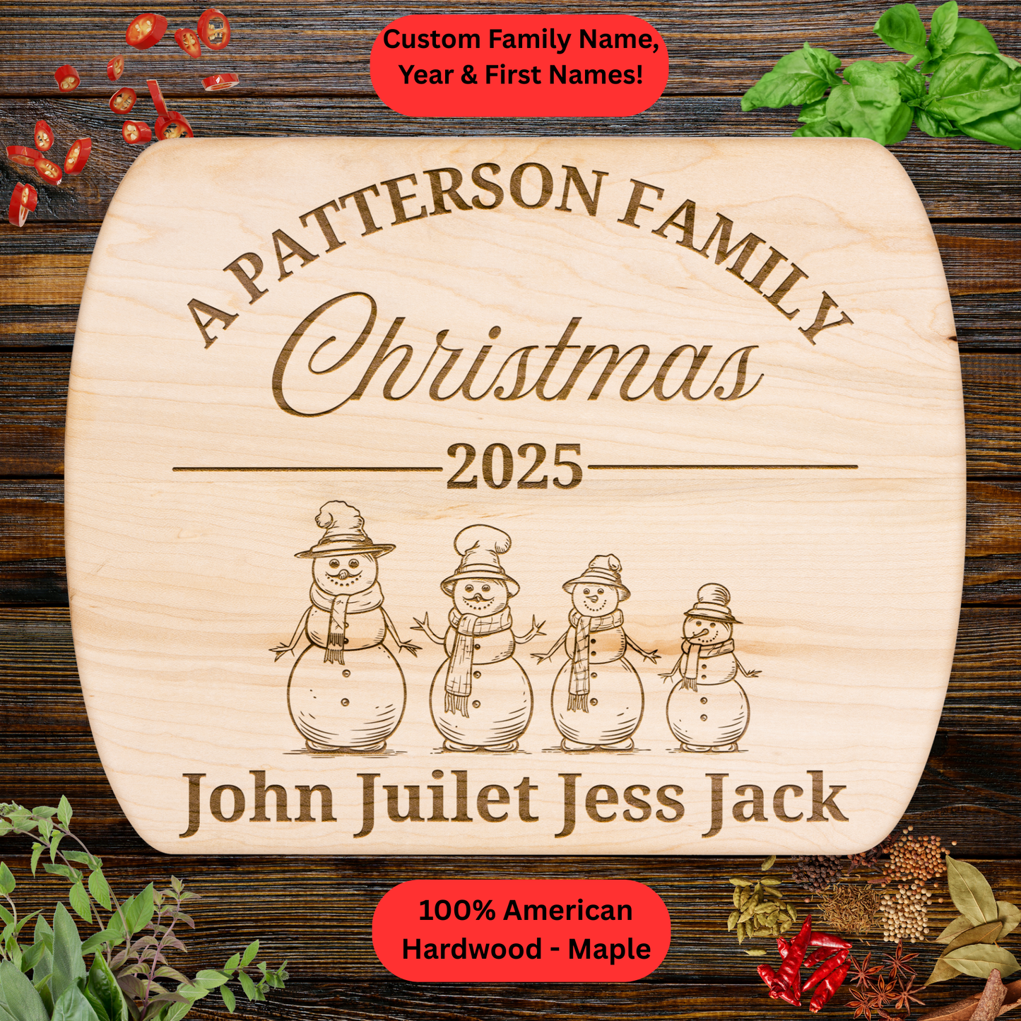 Personalized Family Christmas Cutting Board. Custom Family Name and First Names. Walnut or Maple