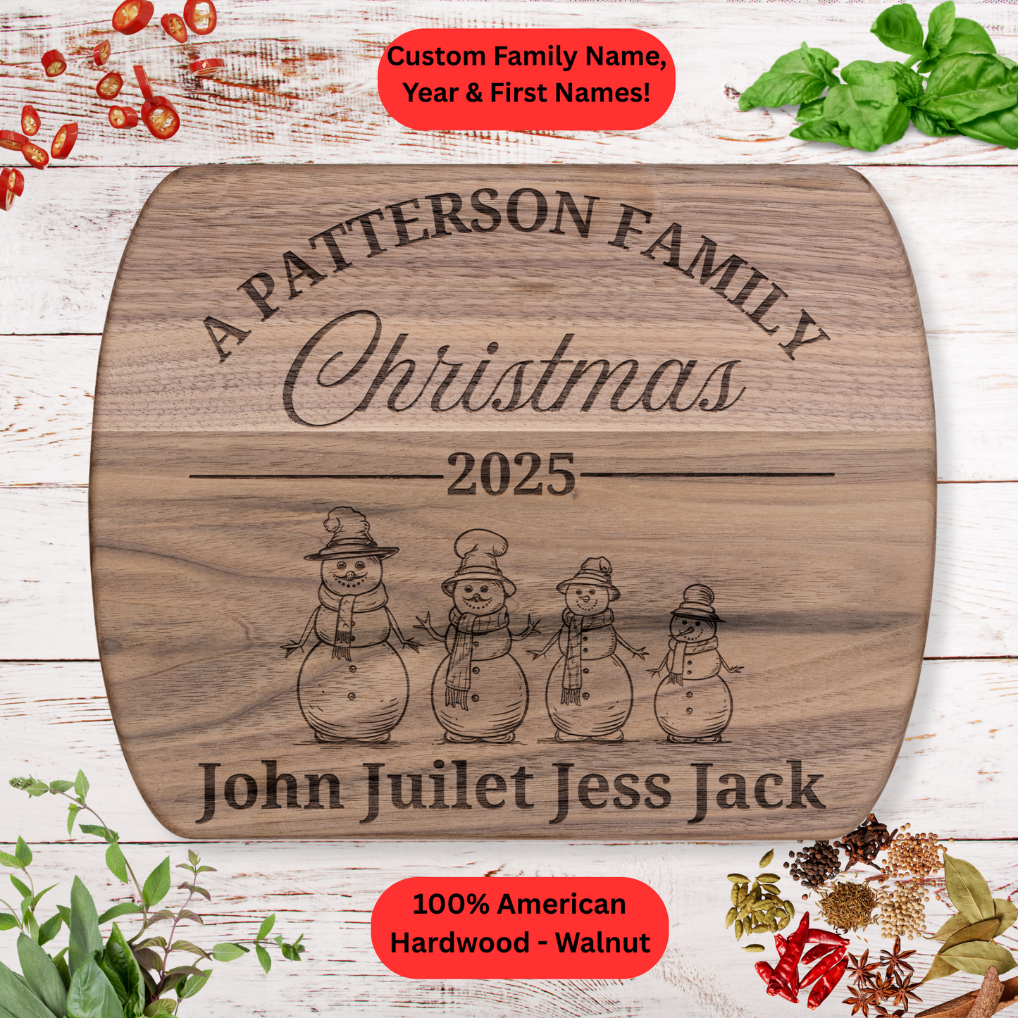 Personalized Family Christmas Cutting Board. Custom Family Name and First Names. Walnut or Maple