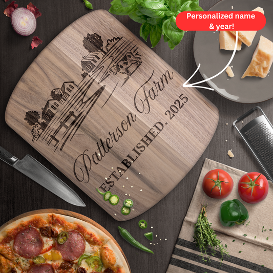Personalized Farmhouse Cutting Board. Custom Family Name and Year with Farmhouse Design