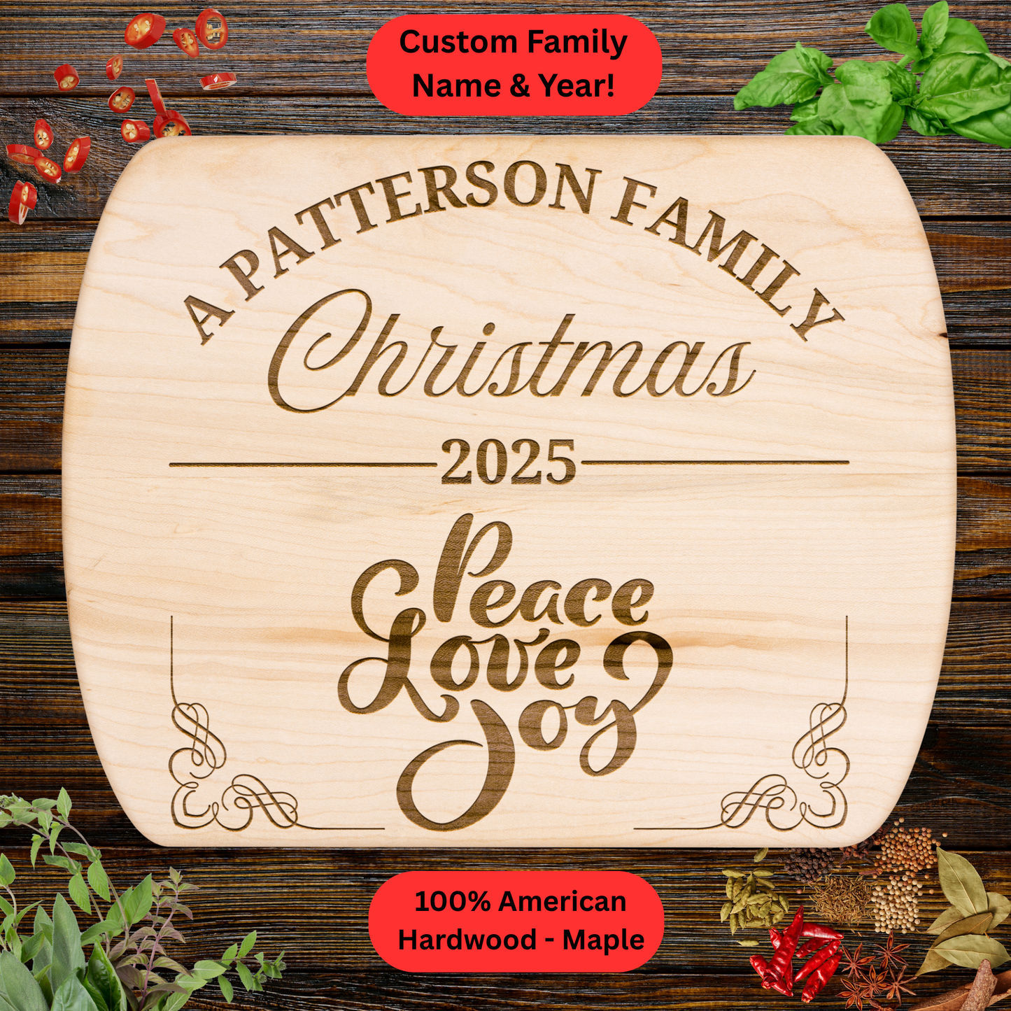 Personalized Family Christmas Cutting Board. Custom Family Name and Year. Family Christmas Gift