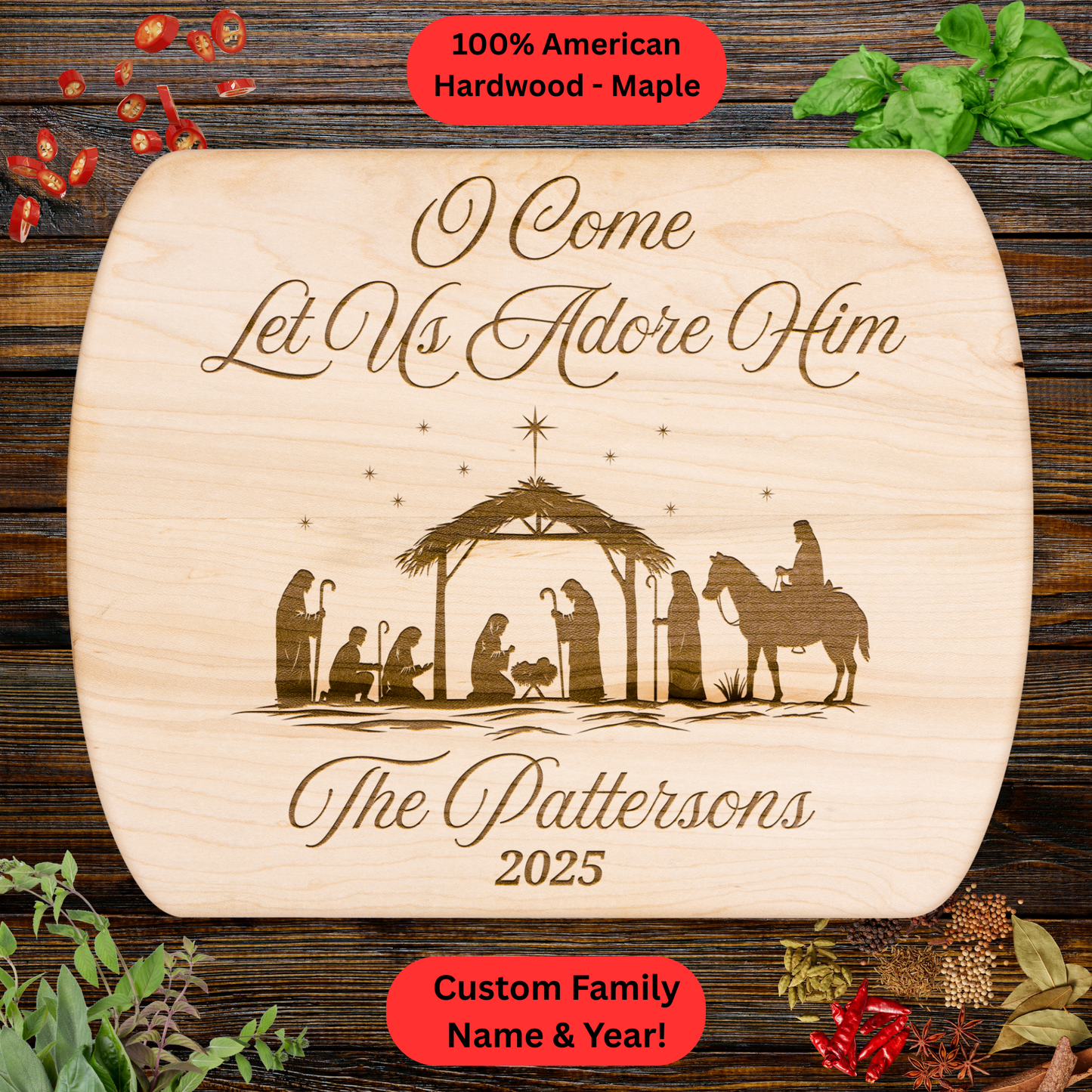 Personalized Nativity Christmas Cutting Board. Custom Family Name and Year. Christmas Family Gift