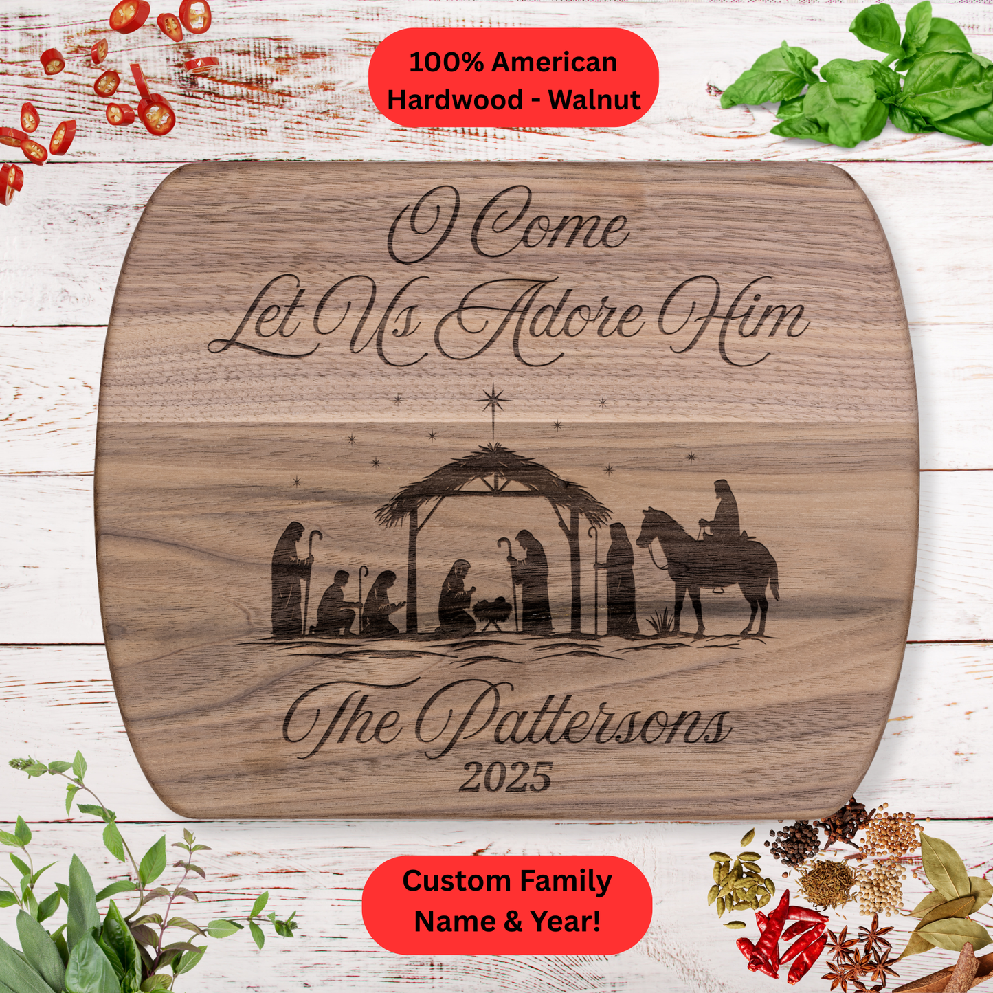 Personalized Nativity Christmas Cutting Board. Custom Family Name and Year. Christmas Family Gift